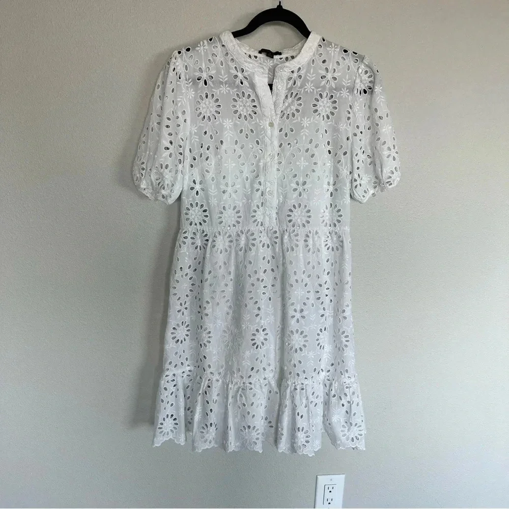 J. CREW Tiered Skirt Pop Over Shirt Dress White Eyelet Casual Women’s 8